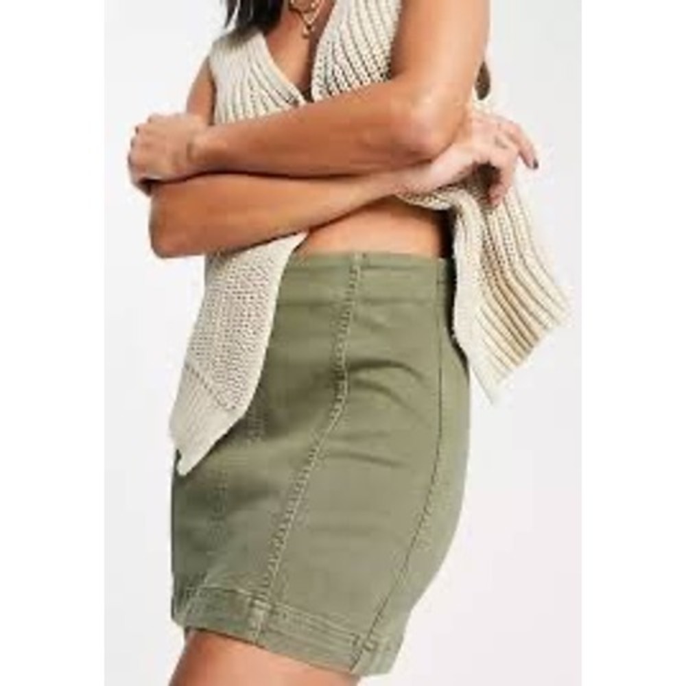 Free People Olive Green Denim Mini Skirt High Waisted Bodycon XS